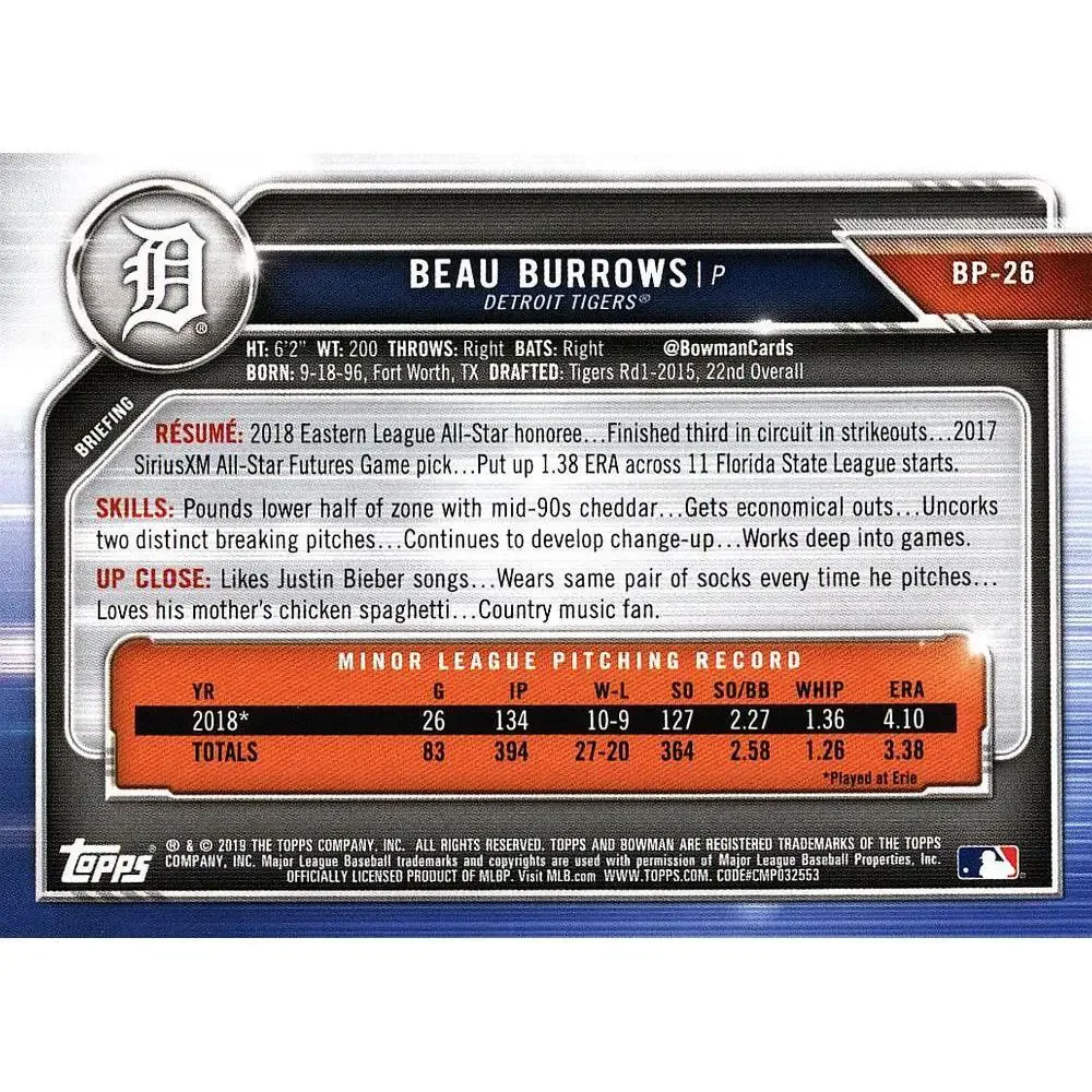 2019 Bowman Prospects Beau Burrows #BP-26 Detroit Tigers